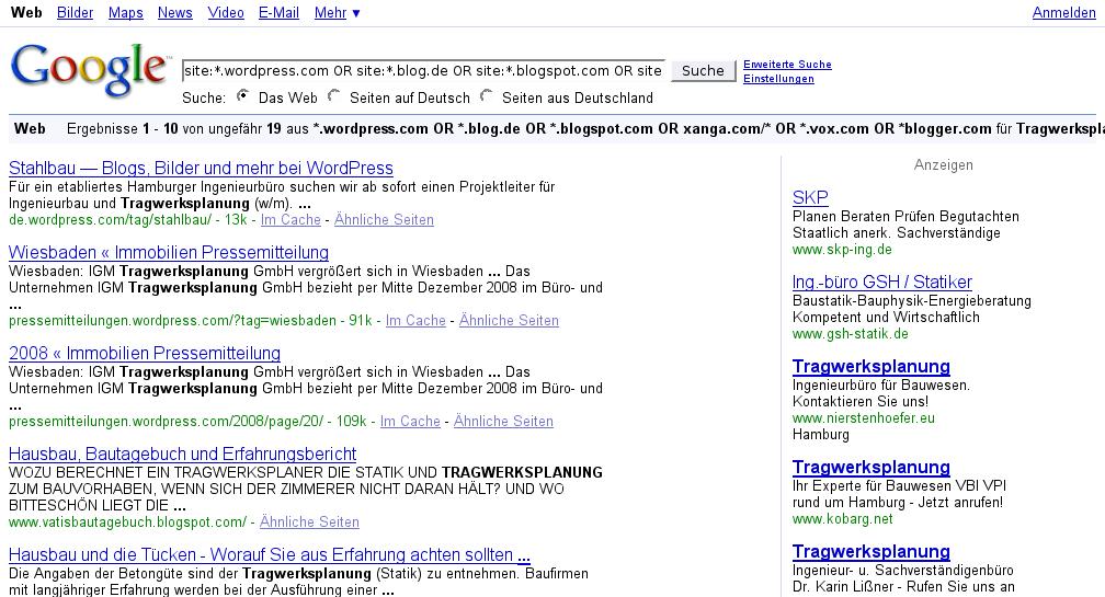 Blogsuche Tragwerksplanung mit Google Web-Suche