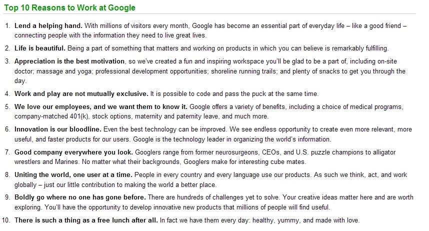 Top 10 Reasons to Work at Google