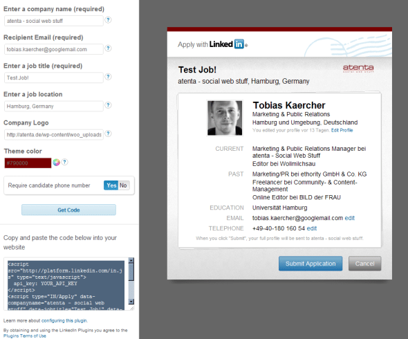 Das "Apply with LinkedIn"-PlugIn