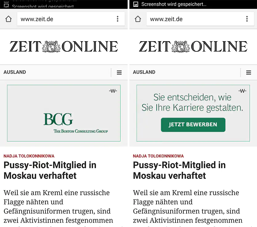 Mobile BCG-Anzeige auf Zeit Online