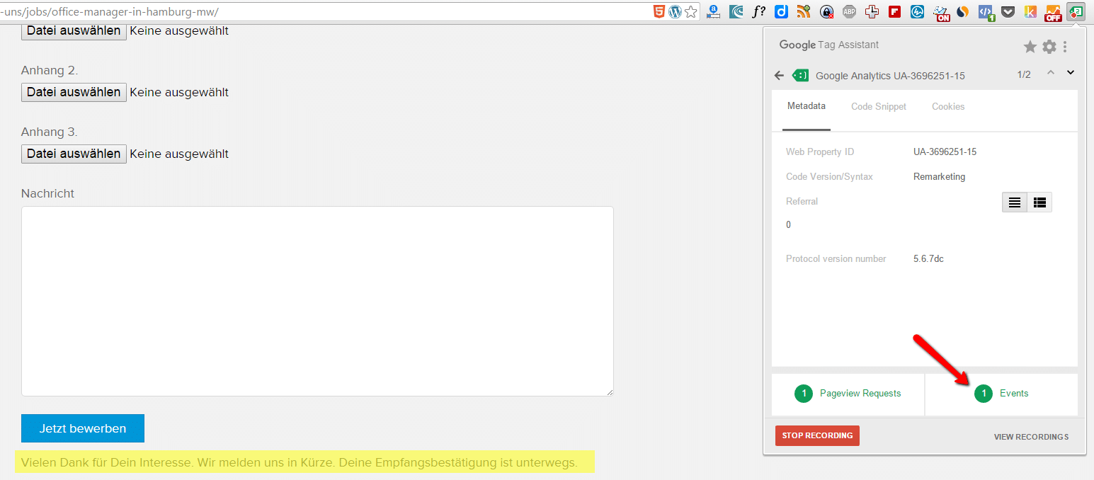 Der Google Tag Asisstant zeigt auch an, wenn eine Bewerbung eingegangen ist.