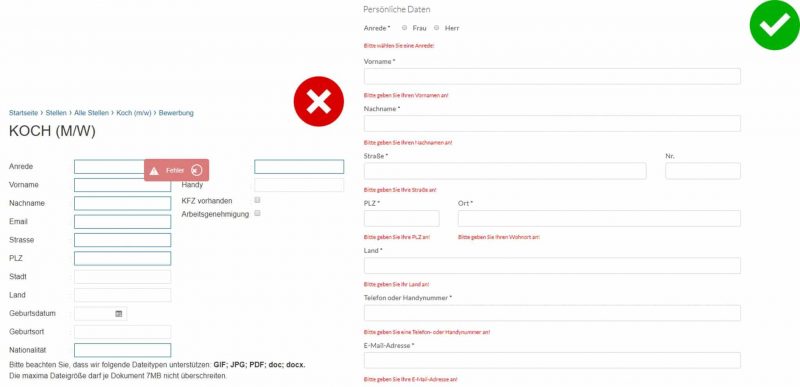 Labels und Fehlermeldungen im Bewerbungsformular