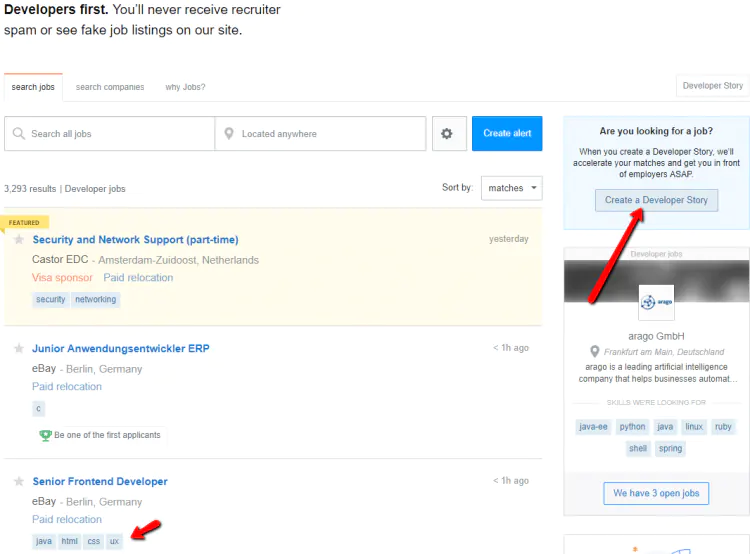 Screenshot: Die Jobbörse bei Stack Overflow fürs Recruiting von IT-Fachkräften