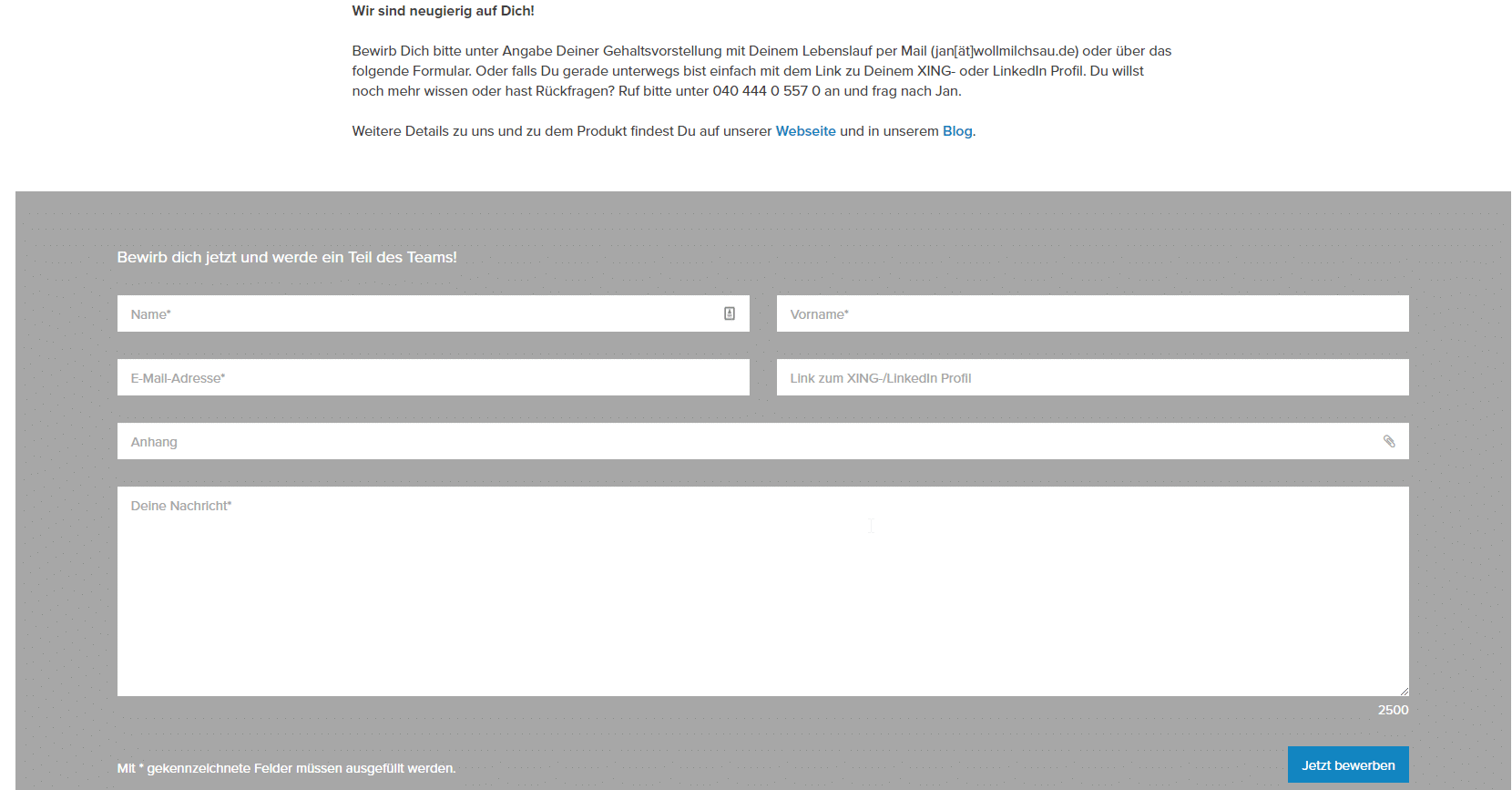 Bewerbungsformular bei der Wollmilchsau: So kann kein Bewerber abbrechen