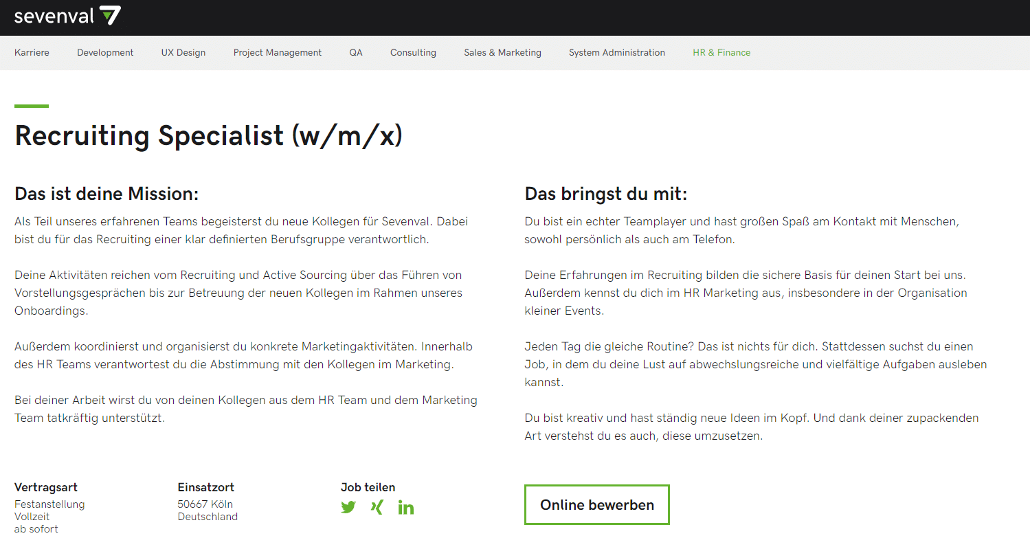 In einer Stellenanzeige ist der "Online bewerben"-Button farblich auffällig hervorgehoben