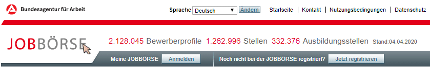 Screenshot von der Bundesagentur für Arbeit