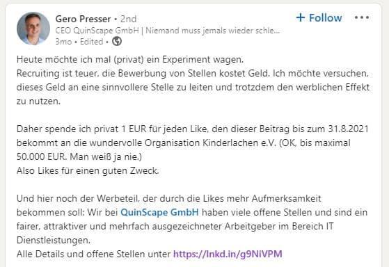 Recruiting Kampagne auf LinkedIn: Für jedes Like spendet der CEO Geld