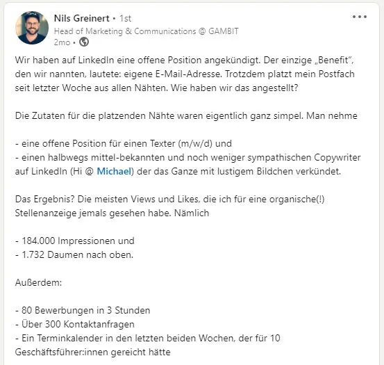 Screenshot: Ein erfolgreicher Recruiting-Beitrag auf LinkedIn