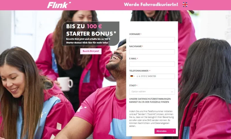 Screenshot: Moderne Stellenanzeige als Landing Page. High Volume Recruiting bei Flink. 