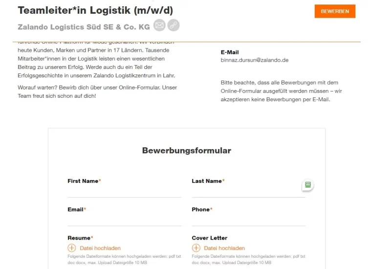 Bewerbungsformular direkt unter der modernen Stellenanzeige: Recruiting bei Zalando