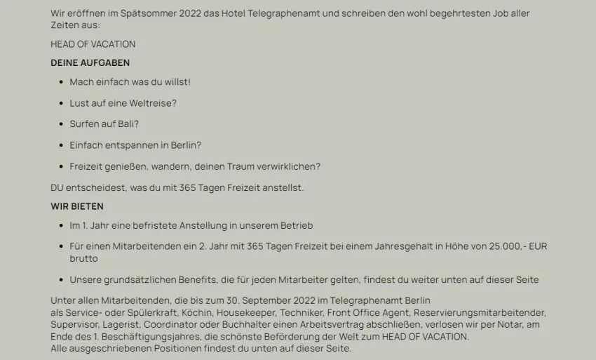 Screenshot: Ein Berliner Hotel setzt im Recruiting auf ein kreatives Benefit