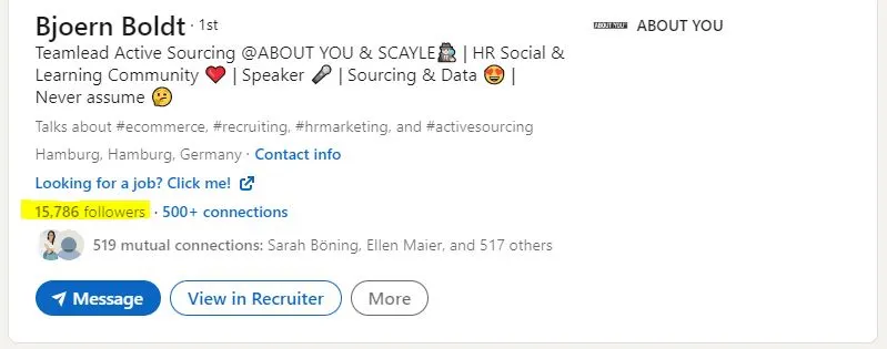 Screenshot: Ein Active Sourcer hat 15.000 Kontakte auf LInkedIn