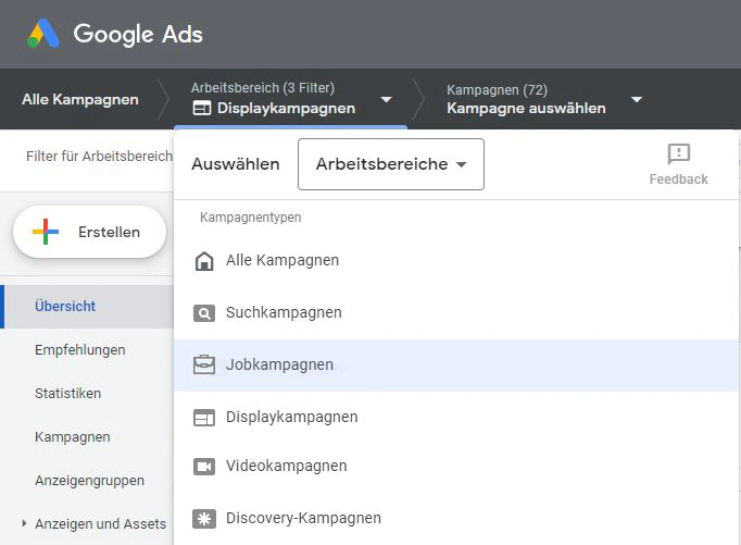 Mögliche Darstellung von Google for Jobs in Google Ads