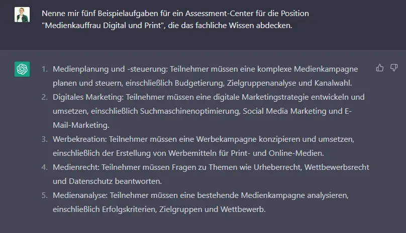 Beispielaufgaben für ein Assessment-Center, vorgeschlagen von ChatGPT