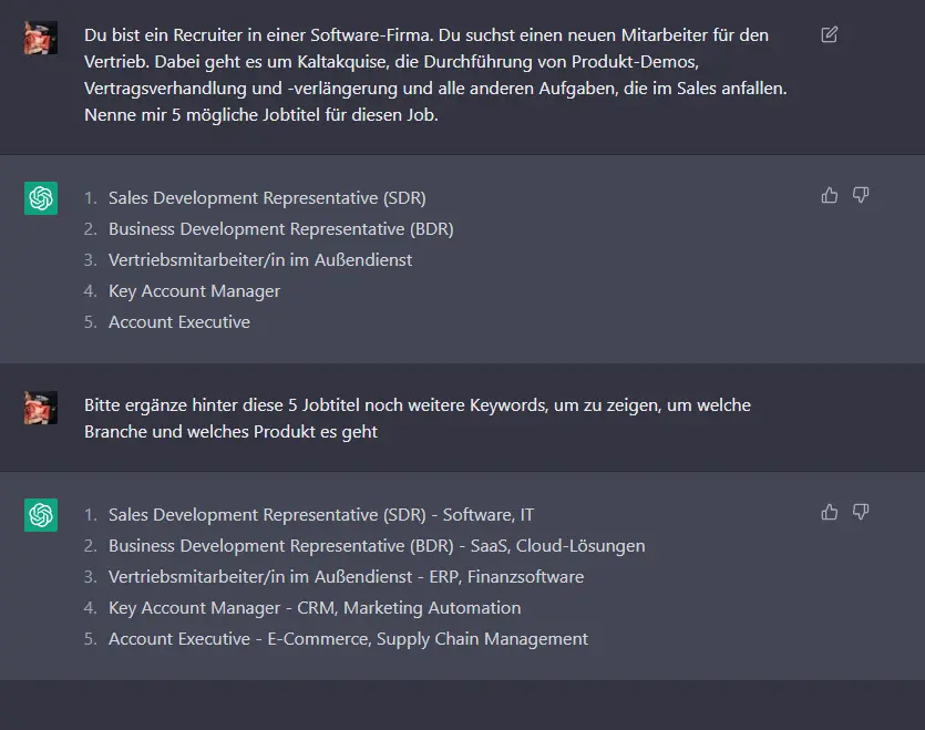 Jobtitel Vorschläge durch ChatGPT
