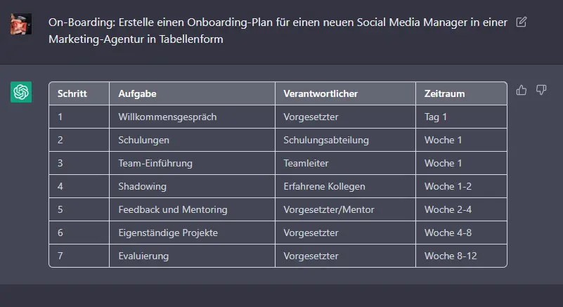 ChatGPT Onboardingplan in Tabellenform