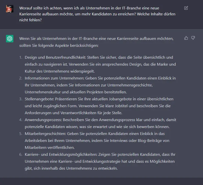 Frage zu Tipps zum Aufbau einer Karriereseite an ChatGPT