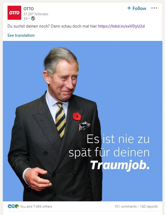 Screenshot von einem Post von Otto: Social Media Recruiting mit dem Thema König Charles