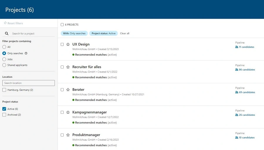 Ein Screenshot vom LinkedIn Recruiter Lite und den Projekten