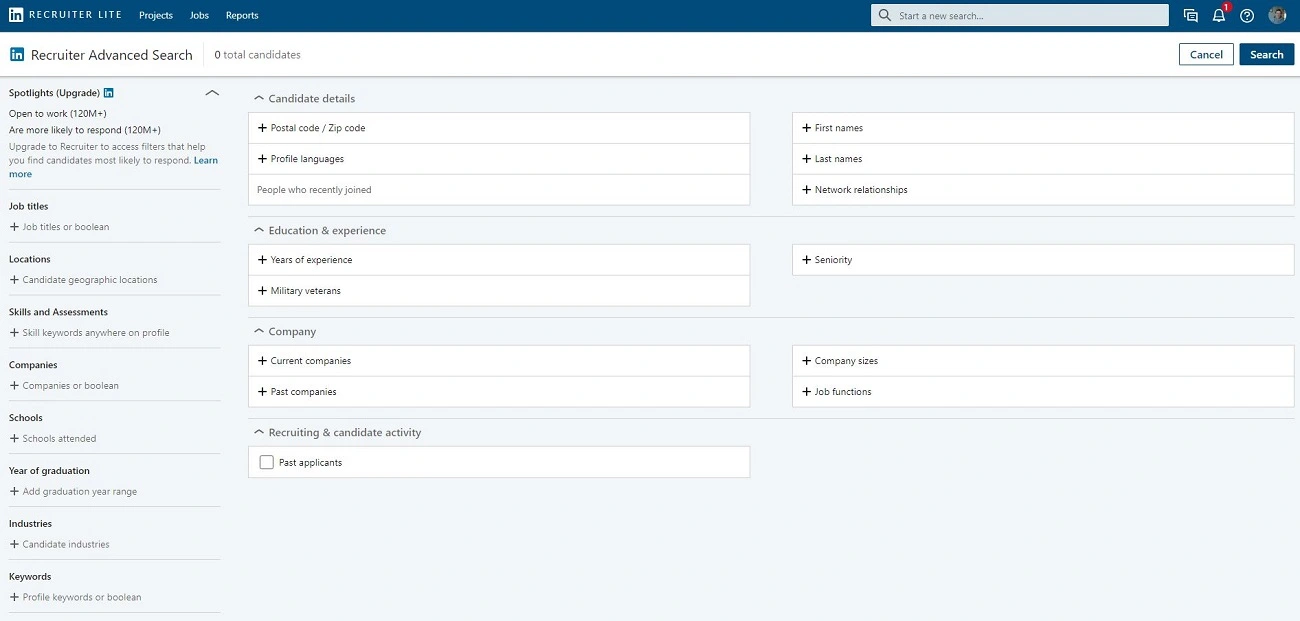 Screenshot der Suchmaske des LinkedIn Recruiter Lite